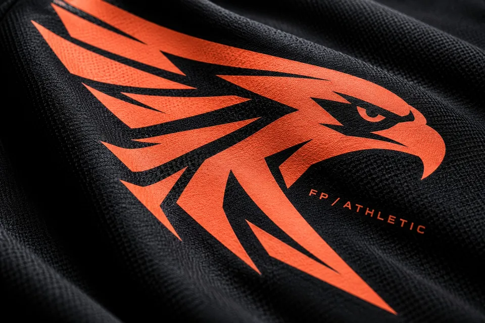 Illustrative coral flat sports crest transfer on black jersey