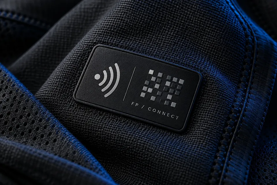 Illustrative connected garment label with NFC-style symbol and decorative code