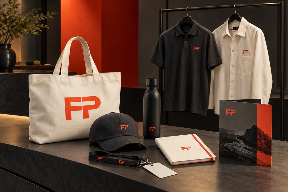 Illustrative event collection with branded apparel, tote, cap, bottle and notebook