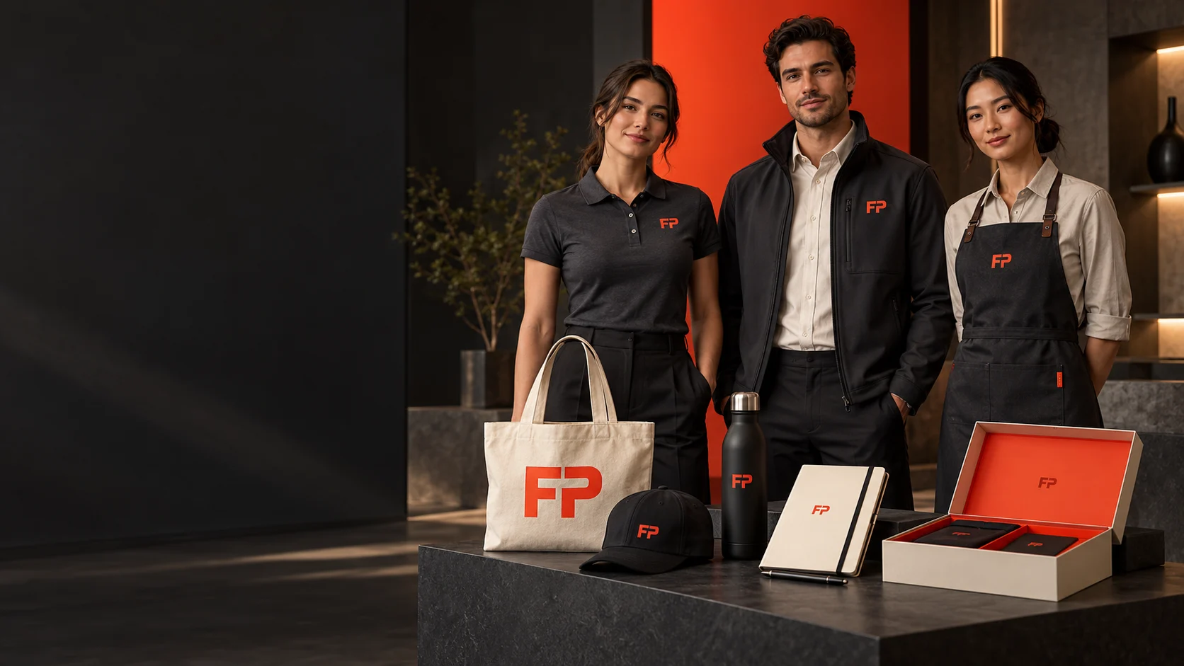 Illustrative coordinated branded polo, jacket and hospitality apron uniforms