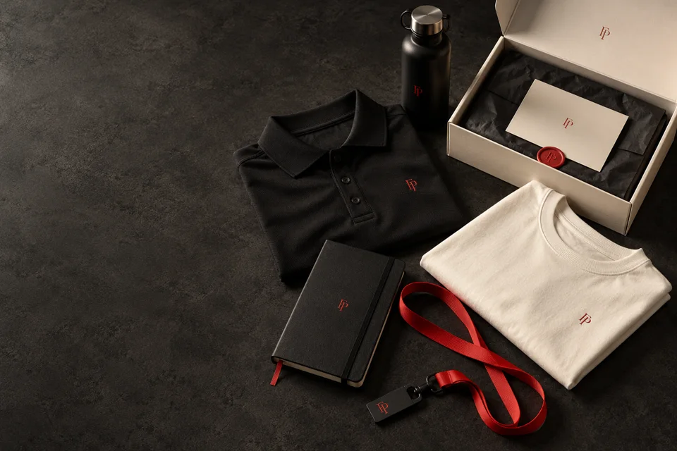 Illustrative employee welcome kit with branded apparel, bottle, notebook and presentation box